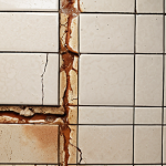 **Image:** A bathroom with cracked grout between the tiles and visible mold. **Prompt:** Bathroom, cracked tile grout, mold, poor ventilation, close-up, high detail, realistic.