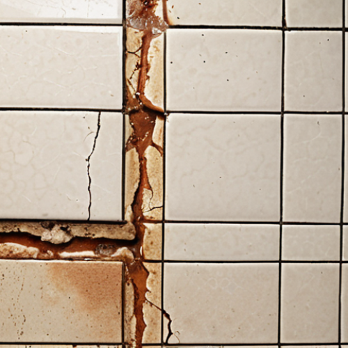 **Image:** A bathroom with cracked grout between the tiles and visible mold. **Prompt:** Bathroom, cracked tile grout, mold, poor ventilation, close-up, high detail, realistic.